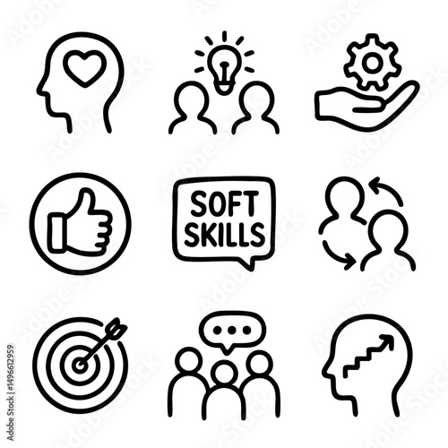 A set of doodle line icons representing soft skills, communication, leadership, teamwork, emotional intelligence, and personal growth