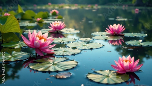 Water lilies bloom densely across a serene lake surface, creating a vibrant floral pattern , landscape, lily pad, reflection