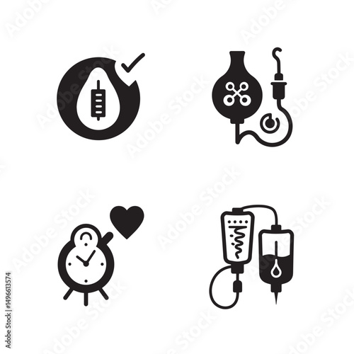 Medical icons illustrating blood tests infusion therapy alarm clock heart and healthcare concepts