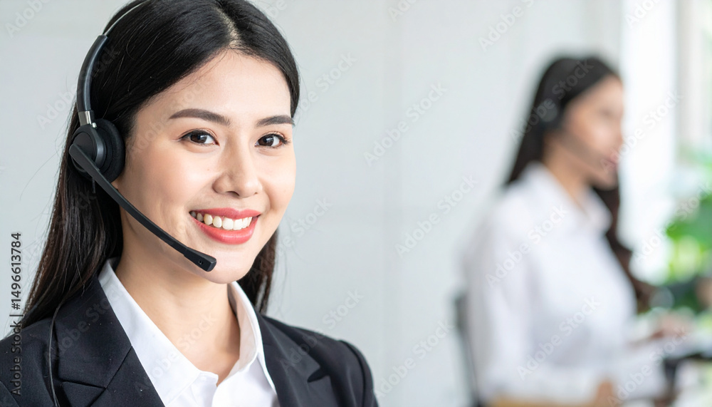 Portrait of a smiling young Asian woman in a customer service role wearing a headset in an office environment. Portrait of a smiling young Asian woman in a customer service role wearing a headset in an office environment.