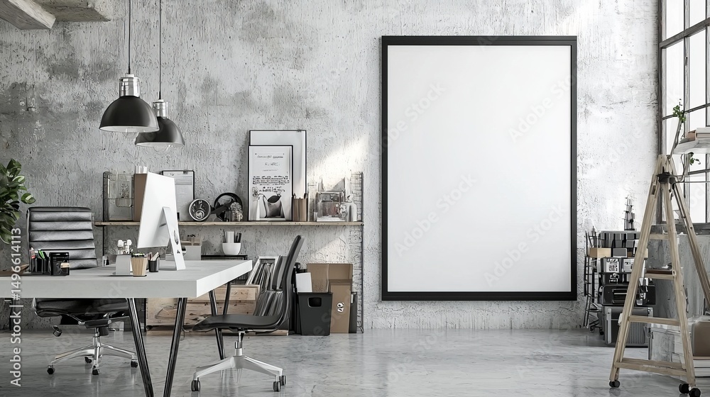 Fototapeta premium Modern Industrial Office Design Mockup, Concrete Wall, Large Poster, Minimalist Workspace, Industrial Design, Office Decor Modern Office, Industrial Interior