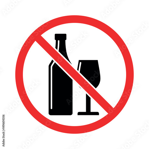 No alcohol sign. Icon of a wine bottle and cup in a crossed out red circle.