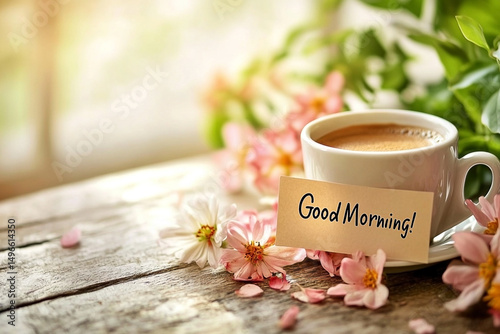 Gentle start: Coffee mug amidst floral blooms with a 'Good Morning' message