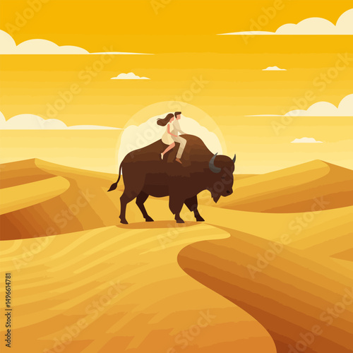 Couple Riding Buffalo Through Desert Landscape with Warm Sunset Background