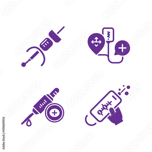 Set of illustrated medical icons representing injection infusion and other healthcare related symbols