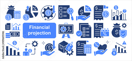 Financial projection icon collection set. Containing budget, forecast, revenue, expense, profit, loss, cashflow, investment, depreciation icon. Simplel flat vector illustration.	