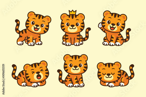Cute tiger cartoon character set