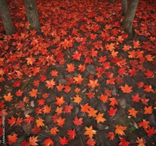 Vibrant red and orange maple leaves scattered on forest floor, rustic, leaves