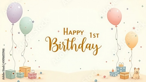Happy first birthday illustration with balloons gifts and cute animals on a light yellow background