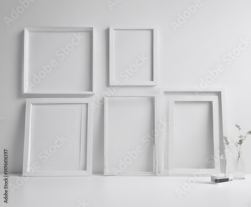 Modern minimalist white frames, clean lines, various photo styles on white background,  white frames,  simple