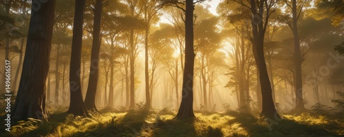 Golden sunlight streams through canopy, creating vibrant forest scene,  serene,  panorama
