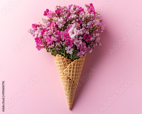 Beautiful spring bouquet of flowers in waffle ice cream cone isolated on flat pink background with copy space Creative banner concept for florist Generative AI photo imitation  hig photo