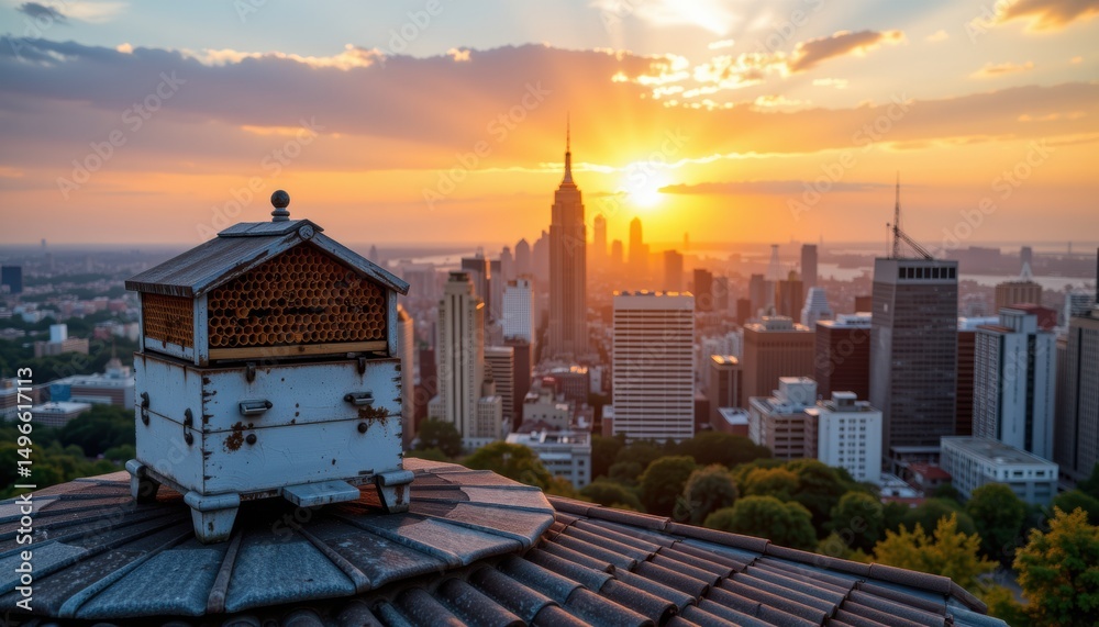 City skyline at sunset with a rooftop beehive in the foreground. City skyline at sunset with a rooftop beehive in the foreground.
