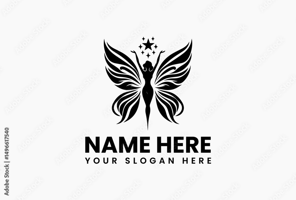 Elegant black silhouette vector logo of a woman with outstretched arms and large ornate butterfly wings reaching for a shining star. Fantasy concept Elegant black silhouette vector logo of a woman with outstretched arms and large ornate butterfly wings reaching for a shining star. Fantasy concept