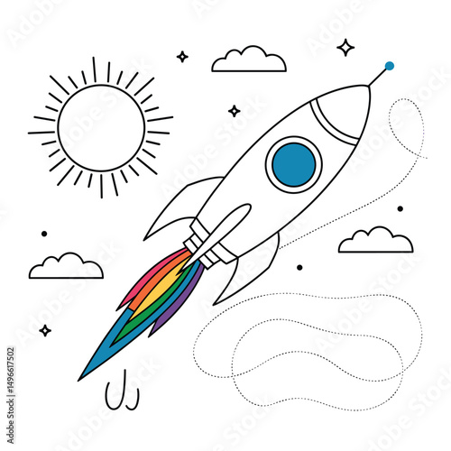 Rocket Launching into Space with Sun and Clouds – Cartoon Vector Illustration
