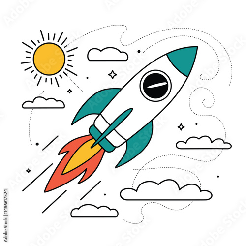 Rocket Launching into Space with Sun and Clouds – Cartoon Vector Illustration