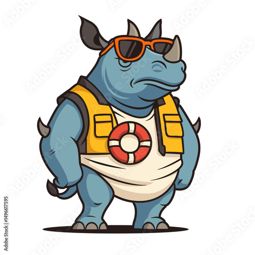 confident rhino with life vest illustration logo design clipart mascot