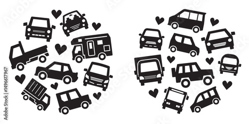 circle icon gallery of various car - silhouette medium size version - heart mark
