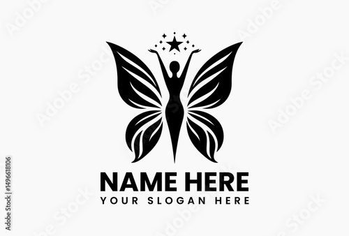 Elegant black silhouette vector logo of a woman with outstretched arms and large ornate butterfly wings reaching for a shining star. Fantasy concept