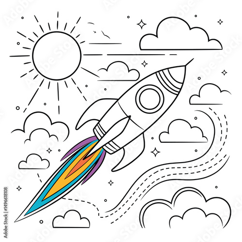 Rocket Launching into Space with Sun and Clouds – Cartoon Vector Illustration