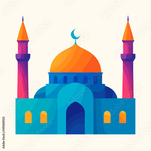 Colorful Islamic mosque illustration with domes and minarets  