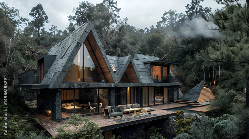 Modern house with a triangular roof and large windows nestled in a dense forest with fog and trees Modern house with a triangular roof and large windows nestled in a dense forest with fog and trees
