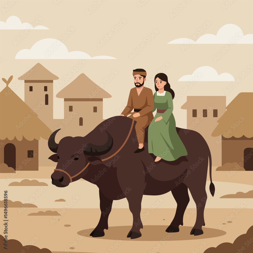 Naklejka premium People Riding Water Buffalo in Traditional Village Scenic Journey