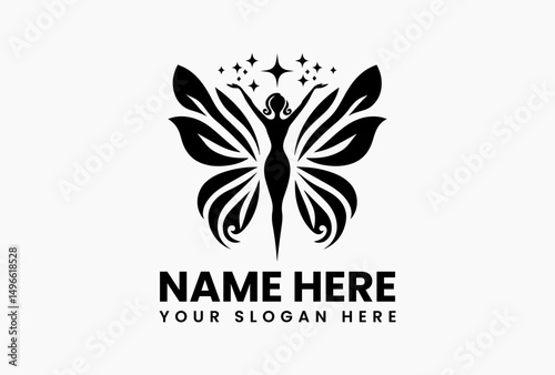 Elegant silhouette of winged woman reaching for celestial star in ornate black vector logo. Ethereal fantasy emblem  