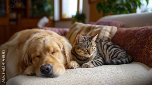 Wallpaper Mural A tabby cat and a golden retriever peacefully napping together on a cozy beige sofa.
 Torontodigital.ca