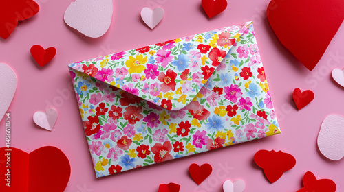 Floral envelope surrounded by colorful paper hearts on a pink background, evoking a romantic or festive theme.
 photo