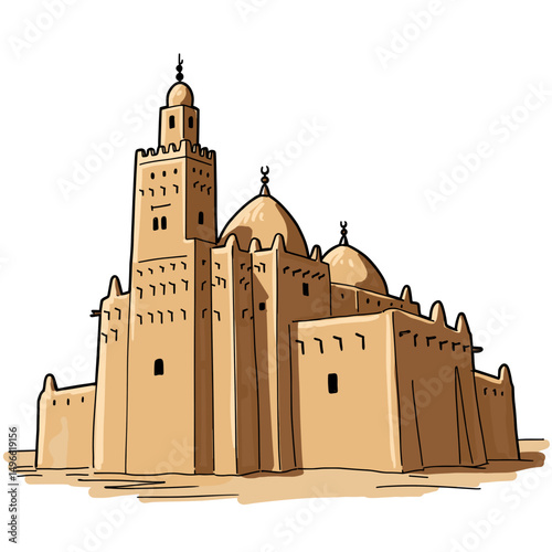 Jenne Mosque illustration in desert landscape with traditional architecture   photo