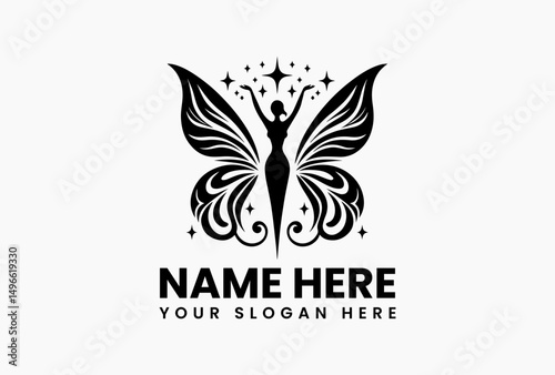 Elegant silhouette of winged woman reaching for celestial star in ornate black vector logo. Ethereal fantasy emblem  