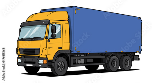 Yellow delivery truck with blue cargo container on white background