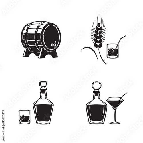 Vintage alcohol collection icons featuring a barrel, glassware, wheat and decanters