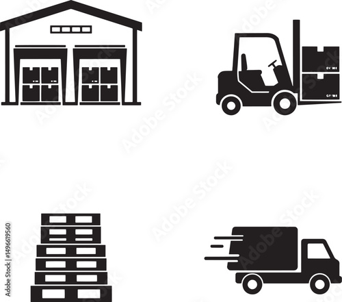 Warehouse logistics and transportation icons illustrating storage and shipping processes