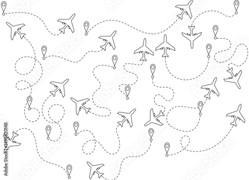 Airplane Flight Path Pattern – Dotted Route Travel Icons Background