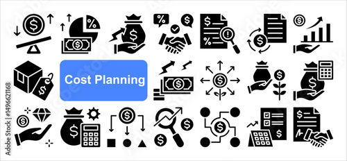 Cost planning icon collection set. Containing budget, expense, investment, estimate, overhead, allocation, funding icon. Simple flat vector.	