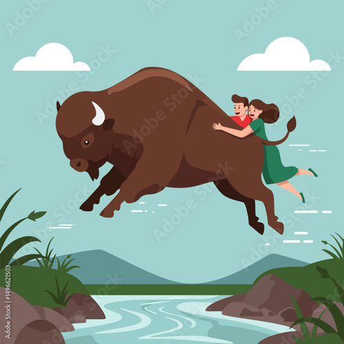 Riding a Flying Buffalo Over a Tranquil River Illustration
