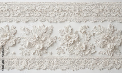 Elegant antique lace trim on pristine white, showcasing intricate floral motifs ,  detail,  pattern,  surface