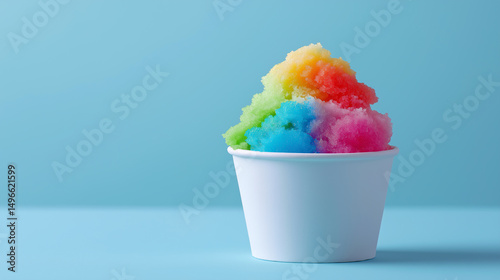 Colorful rainbow shaved ice in a white paper cup against a light blue background.
 photo