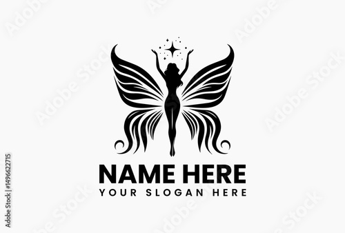 Enchanting silhouette logo featuring winged woman with outstretched arms pursuing bright star. Whimsical fairy tale emblem  