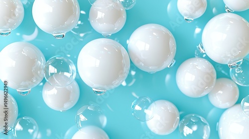 White Spheres and Bubbles on Blue Background