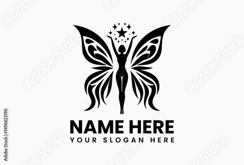 Enchanting silhouette logo featuring winged woman with outstretched arms pursuing bright star. Whimsical fairy tale emblem  