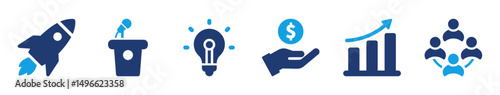 Startup icon collection showing rocket launch, pitch, idea, funding, growth chart, and teamwork in dynamic and modern solid style