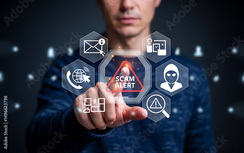 Person pointing at digital interface with highlighted scam alert icon among cybersecurity and communication symbols