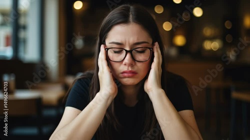 Woman rubbing her head in frustration sitting down at a table with a cafe background