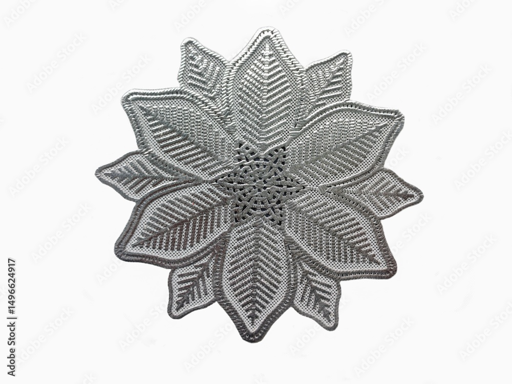 Obraz premium Flat view of flower shaped silver thread embroidery fabric isolated on white