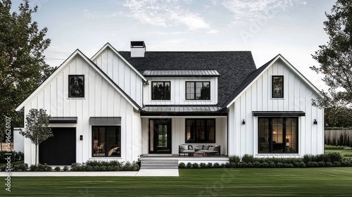 Modern Farmhouse Exterior Black Trim, White Siding, Architectural Design, Home Design, Real Estate. Farmhouse, Modern