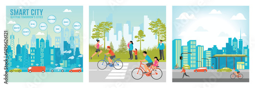 Smart City Integrating Technology. Outdoor Family Activities. Renewable Electrified City.