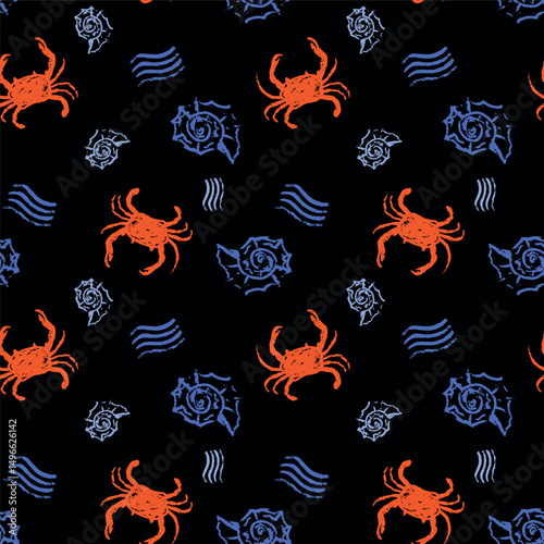 Seamless pattern marine ornament with crabs, shell and waves on white background. Rough chalk sketch hand drawn vector illustration. For textile, web, digital paper